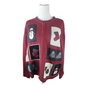 Croft & Barrow Christmas Zip-Up Red sweater with Snowman, Trees Women's XL